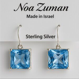 Noa Zuman Israel 925 Sterling Silver Square Cut Blue Crystal Hook Drop Earrings